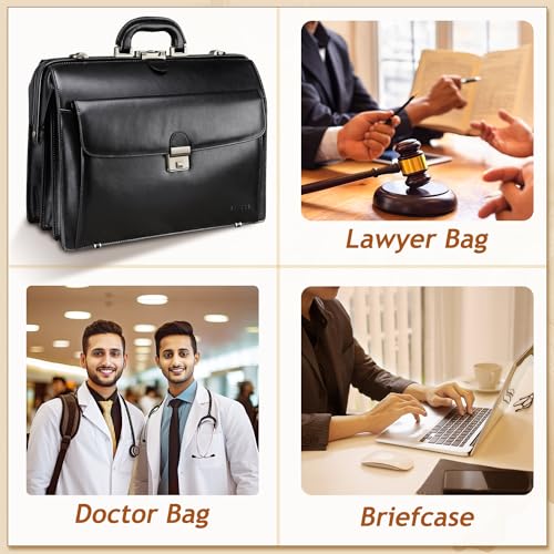 Banuce Leather Briefcase for Men with Lock Attache Case Hard Executive Attorney Lawyer Work Bag 15.6 Inch Laptop Doctor Bag