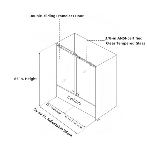 56-60in.W x 65in.H, Frameless Sliding Tub Door, with Clear Tampered Glass, Double Smooth Gliding Open and Close, Soft Closing, Reversible Installation, Brushed Nickel