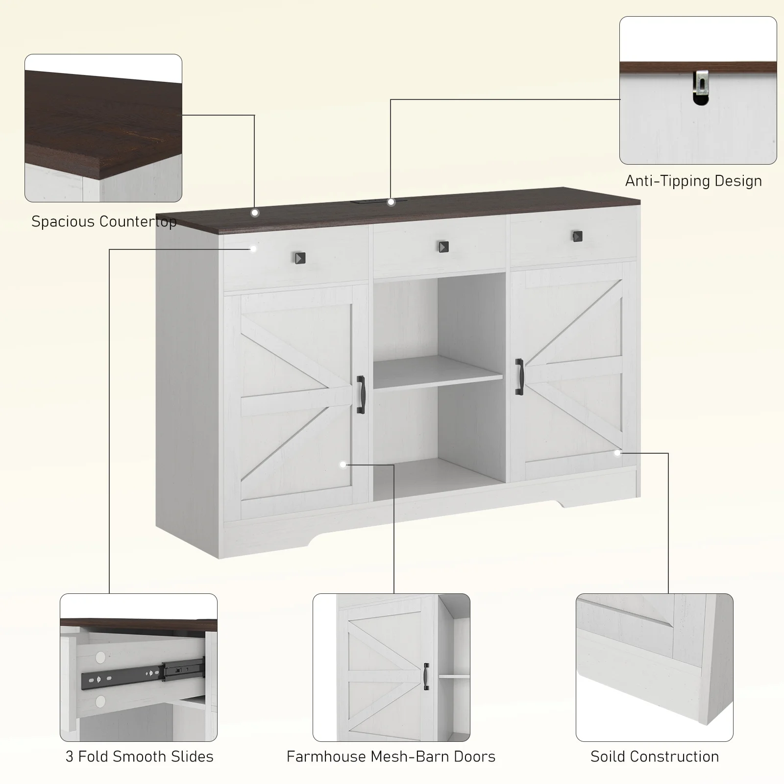 53" Modern Farmhouse Coffee Bar Cabinet with Power Outlet & 3 Drawers, Wood Kitchen Sideboard Buffet Cabinet with 2-Door Cabinet and Adjustable Shelves(White-53")