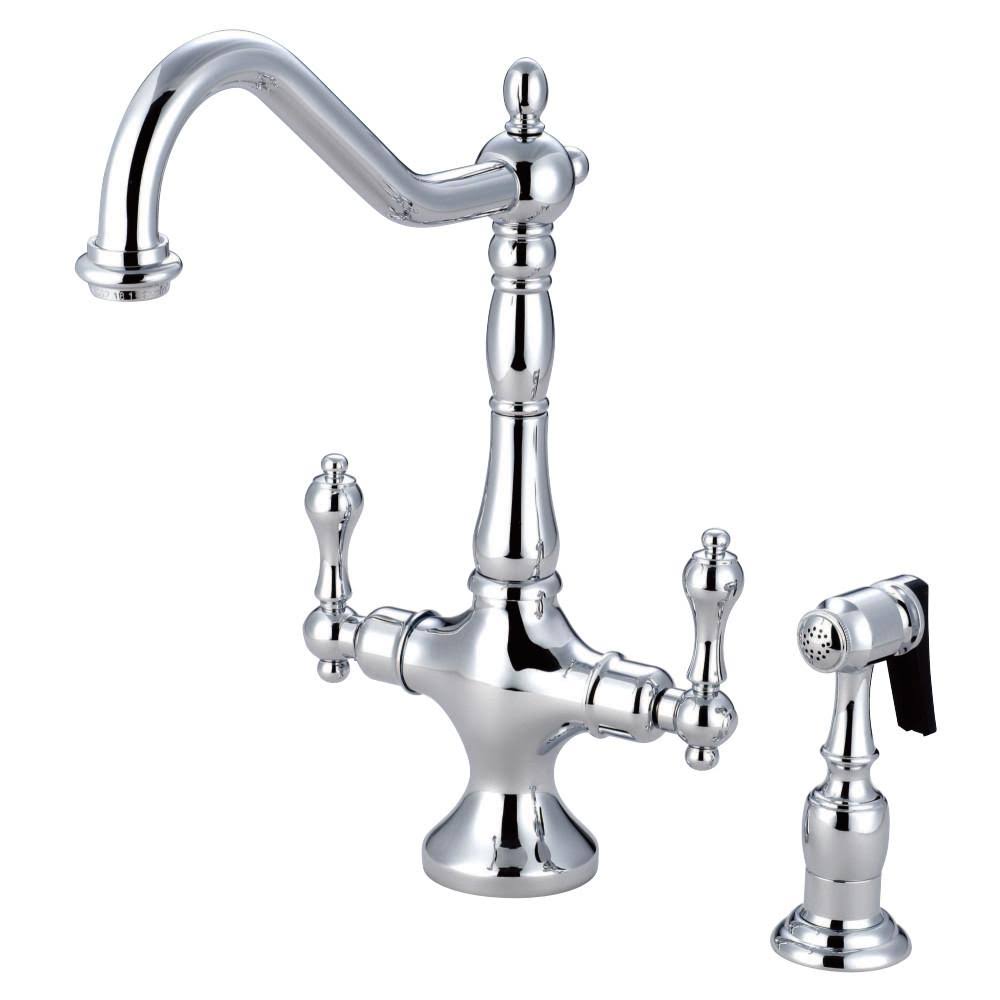 Kingston Brass KS1778ALBS Heritage Satin Nickel Double Handle Kitchen Faucet with Brass Sprayer