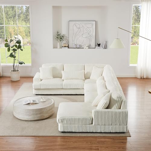 Oversized U-Shaped Sectional Sofa Couch Plush Corduroy Upholstered Modular Deep Seat Sofa&Couch Sectional W/Right Facing Chaise Lounge and 7 Toss Pillows for Home Apartment Living Room Furniture Sets
