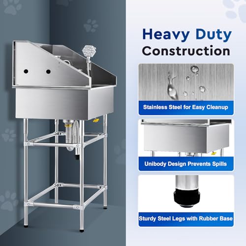 CO-Z 50” Dog Bathing Station for Large Dogs, Professional Dog Grooming Tub Pet Dog Washing Station for Home, Large Dog Bathtub with 304 Stainless Steel Tank, Removable Floor Grate, Steps, Faucet