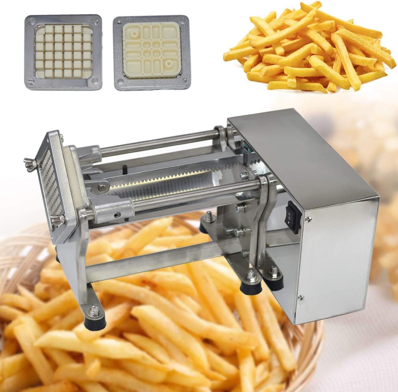 Electric French Fry Cutter Automatic Potato Chip Cutter Commercial French Fries Chips Maker Stainless Steel Electric Potato Slicer with 6mm 9mm 13mm Blade
