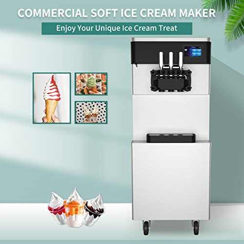 Commercial Ice Cream Maker Machine - 3 Flavors Soft Serve Ice Cream Machine, 5.3 to 7.4 Gallons Per Hour, Auto Clean LED Panel, for Bars, Restaurants and Other Establishments