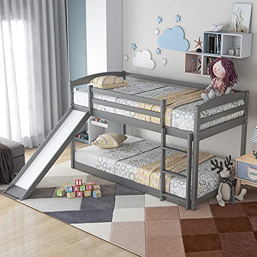 Twin Over Twin Bunk Bed with Convertible Slide and Ladder,Solid Pinewood Bed Frame, Low Bunk Bed with Safety Guardrails, Suitable for Kids Teen, No Box Spring Needed, White
