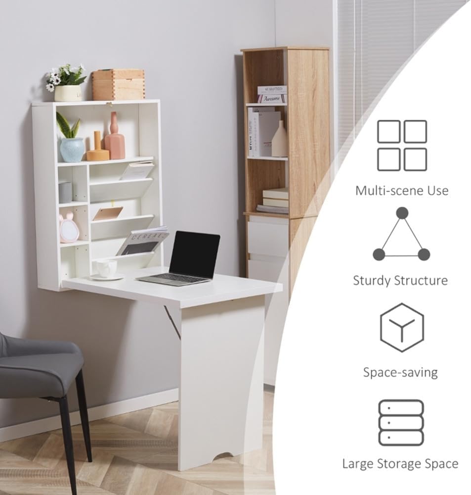Wall Mounted Desk, Fold Out Convertible Floating Desk, Space Saving Computer Desk Hanging Table with Storage Area,White