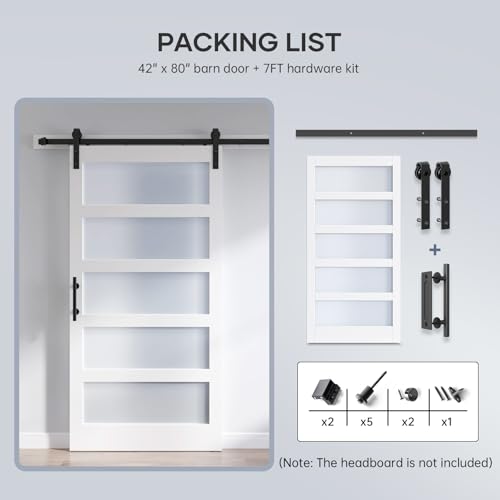 36x84 Inch Glass Sliding Barn Door Slab and 6.6ft Hardware Kit Included, 5 Frosted Glass, LVL Wood Panel Covered with White Water-Proof Scratch-Proof PVC Surface, Simple DIY Assembly