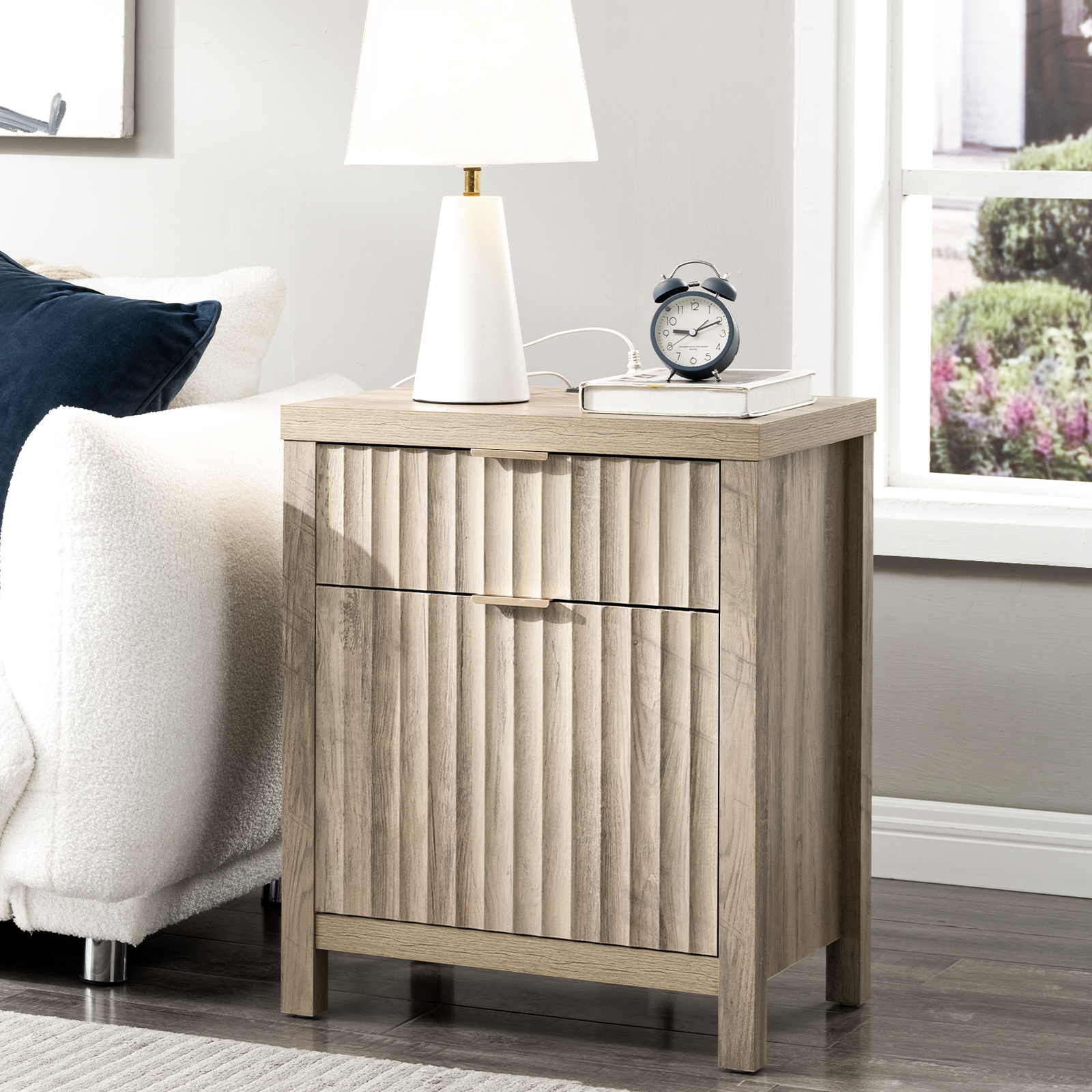 OAKHAM Set of 2 Nightstands with Charging Station and 2 Drawers - Farmhouse Bedside Tables, End Tables for Bedroom, Living Room, Sunwashed Ash Oak