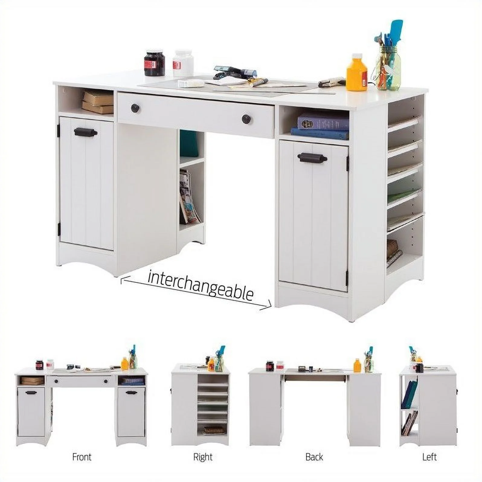Pemberly Row Traditional Craft Table with Storage in Pure White