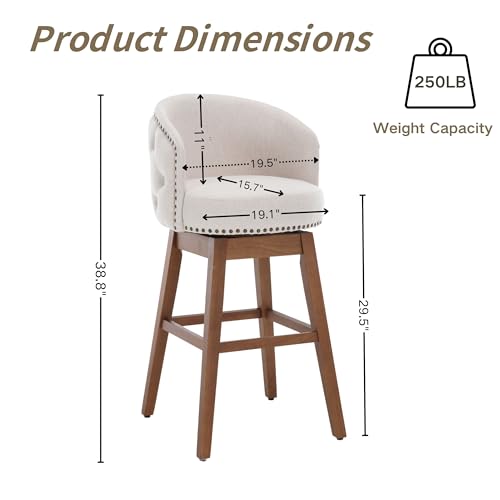 Swivel Bar Stool Set of 2,Modern Linen Counter Stools,29" Swivel Bar Chairs with Wood Base for Kitchen Island,Pub,Cafe（Grey）