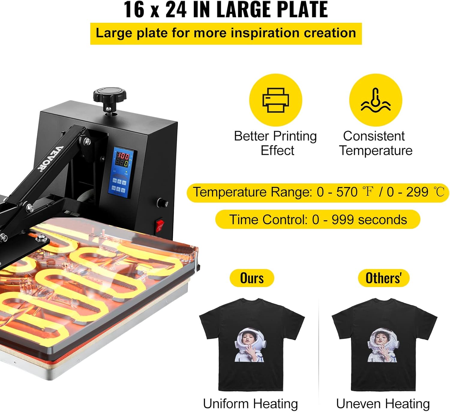 VEVOR Heat Press Machine, 16x24in / 40x61cm, Clamshell Sublimation Transfer Printer Teflon Coated, Digital Precise Heat Control, Silicone Sponge Powerpress for T-Shirt Bag Pad Pillow
