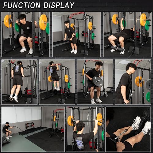 Fitness Deep Squat Machine with Cable Crossover System and Multi-Function Squat Rack Power Cage for Home Gym.
