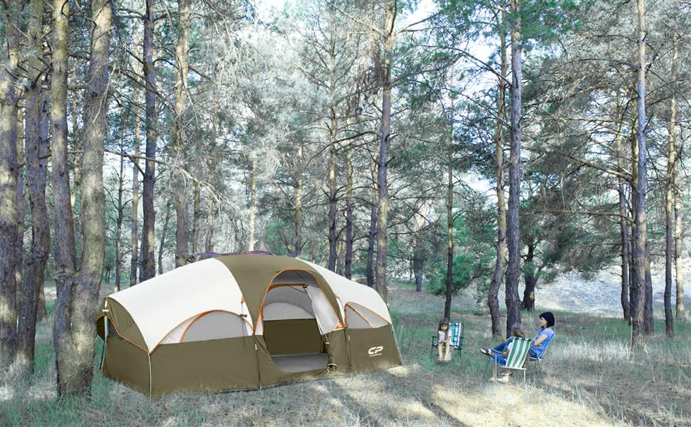 CAMPROS CP Tent 8 Person Camping Tents, Weather Resistant Family Tent, 5 Large Mesh Windows, Double Layer, Divided Curtain for Separated Room, Portable with Carry Bag