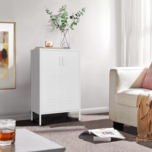 GREATMEET Metal Storage Cabinet Freestanding, Metal Locker Storage Cabinets with 2 Doors, Tall Accent Cabinet with 2 Adjustable Shelves, Metal Cabinet for Kitchen, Office, Livingroom, White