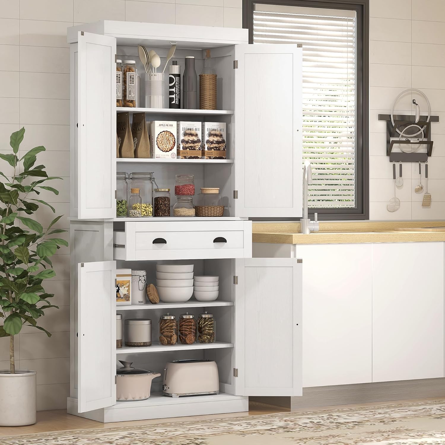 72.5" Height Kitchen Pantry Cabinet, Farmhouse Freestanding Storage Cupboard with 4 Doors, One Drawer, 3 Adjustable Shelves, Hutch Bar Cabinet for Dining Room, Bathroom, Kitchen