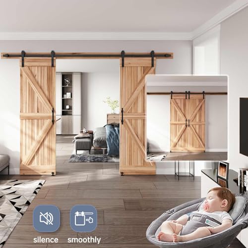 EaseLife 12 FT Double Sliding Barn Door Track and Handle Hardware Kit,Straight Pulley,Slide Smoothly Quietly,Easy Install (12FT Track Kit for 33"~36" Wide Double Door)