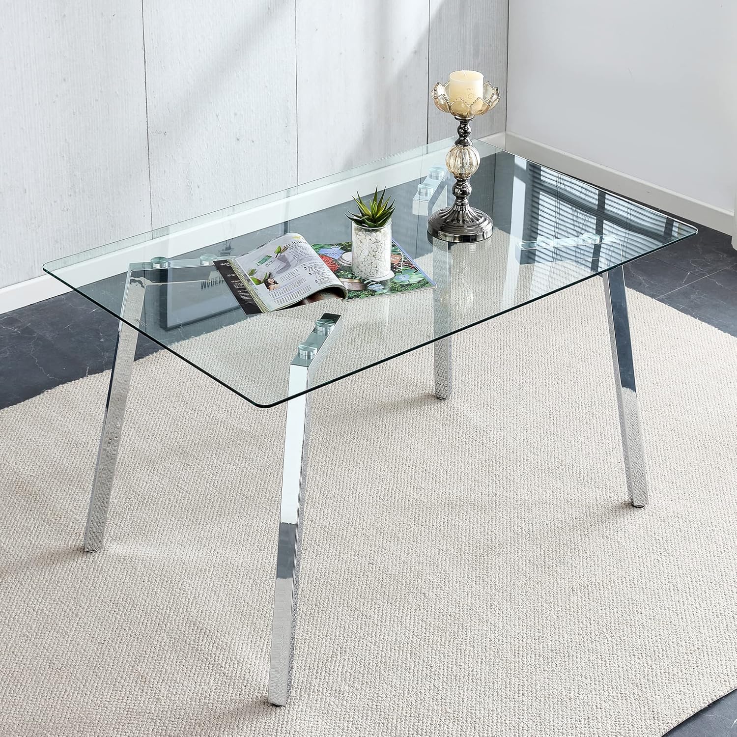Modern Minimalist Rectangular Glass Dining Table | 0.31" Tempered Glass Top | Silver Metal Legs | Versatile Writing Desk | Easy Assembly