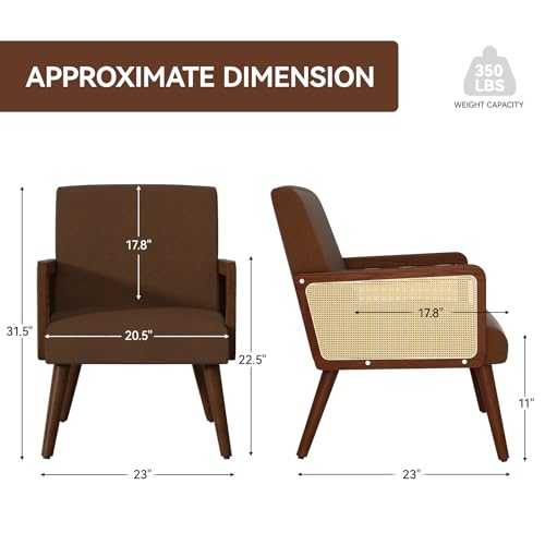 Rattan Accent Chair, Linen Fabric Upholstered Armchair with Wood Legs, Mid Century Modern Reading Comfy Lounge Chair with Spring Support, for Living Room Bedroom,Yellow Green
