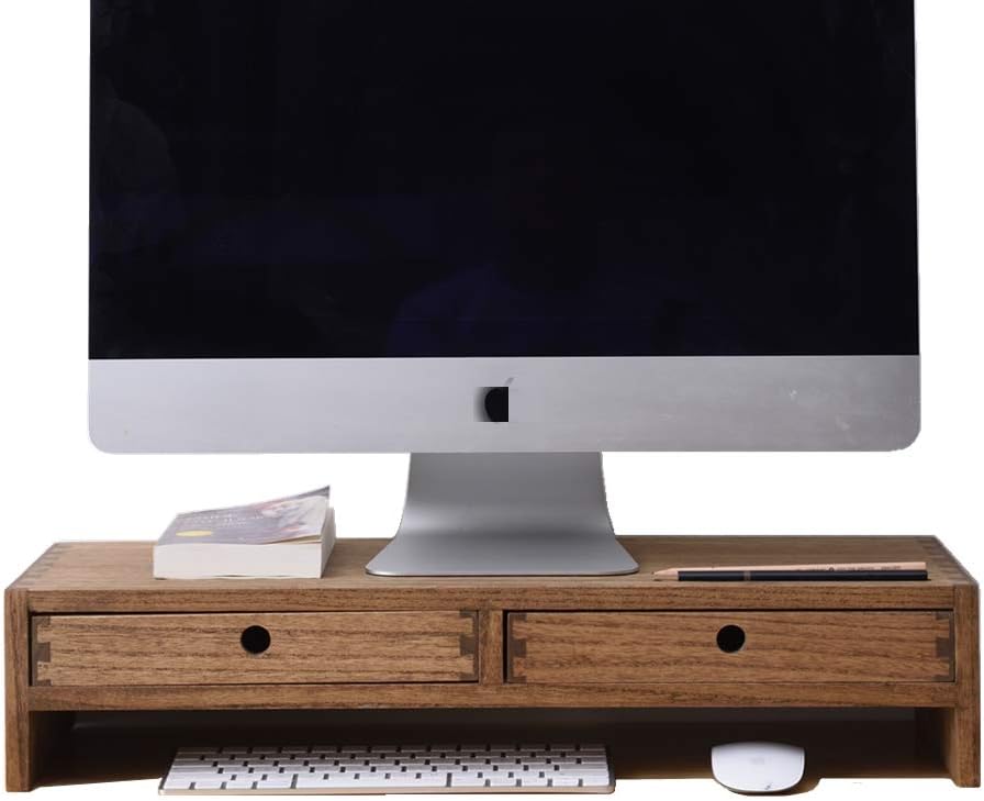 Kirigen Wood Monitor Stand with 2 Drawers - Computer Arm Riser Desk Storage Organizer,Speaker TV Laptop Printer Stand with Pen Slot and Cable Management,2-Tier Desktop Shelf NA-2PMJ