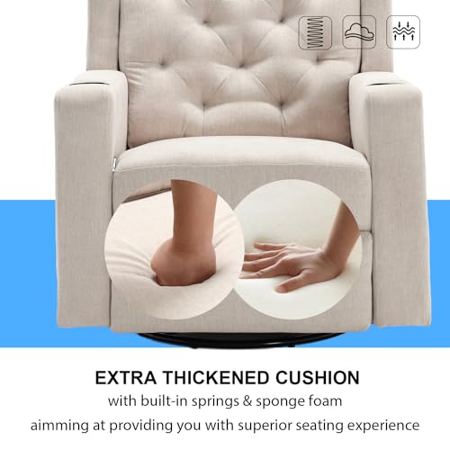Oversized Swivel Rocker Recliners with Wide Seat Tufted Fabric Manual Recliner Chair with Cup Holders for Living Room, Nursery Rocking Glider Chairs (Beige, Large), Large(330lbs), WX1227GS