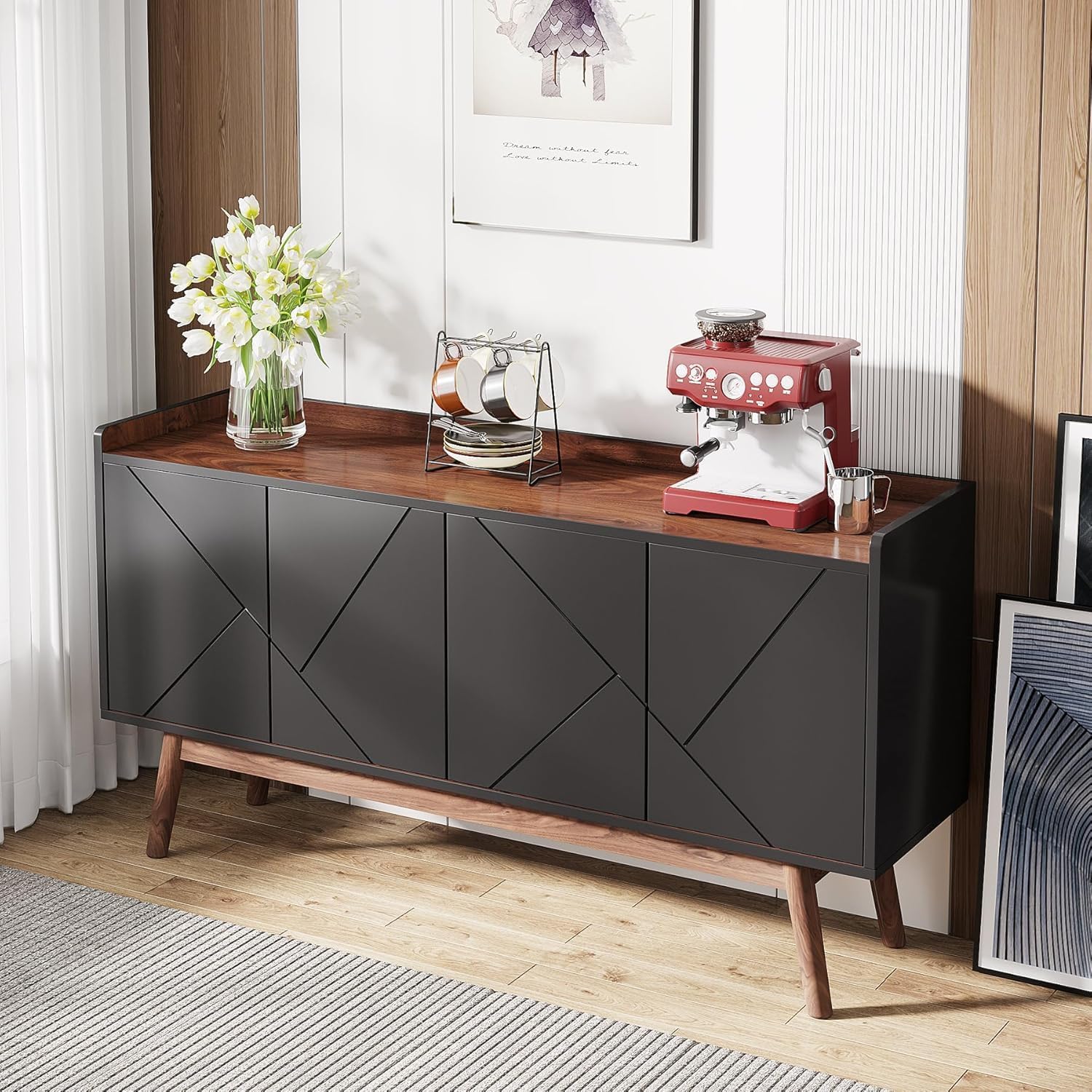 Tribesigns Sideboard Buffet Cabinet with Storage 55" Kitchen Sideboard Cabinet, Wood Coffee Bar Cabinet with Doors, Accent Sideboard Cabinet, Console Table Cabinet for Dining Room Living Room, Black