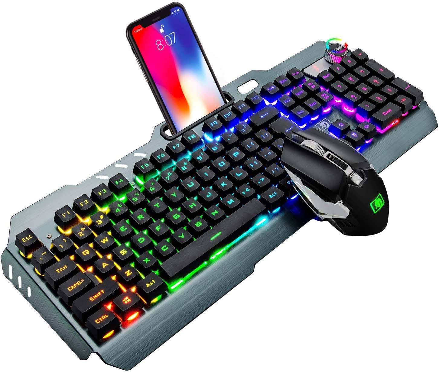 2.4g Rechargeable Wireless Gaming Keyboard and Mouse Set, 4000mAh Large Capacity, Upgraded Knob to Control RGB Backlit Effects M