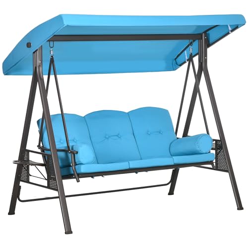 Outsunny 3-Seat Patio Swing Chair, Outdoor Porch Swing Glider with Adjustable Canopy, Removable Cushion, Pillows and Side Trays, for Garden, Poolside, Backyard, Brown