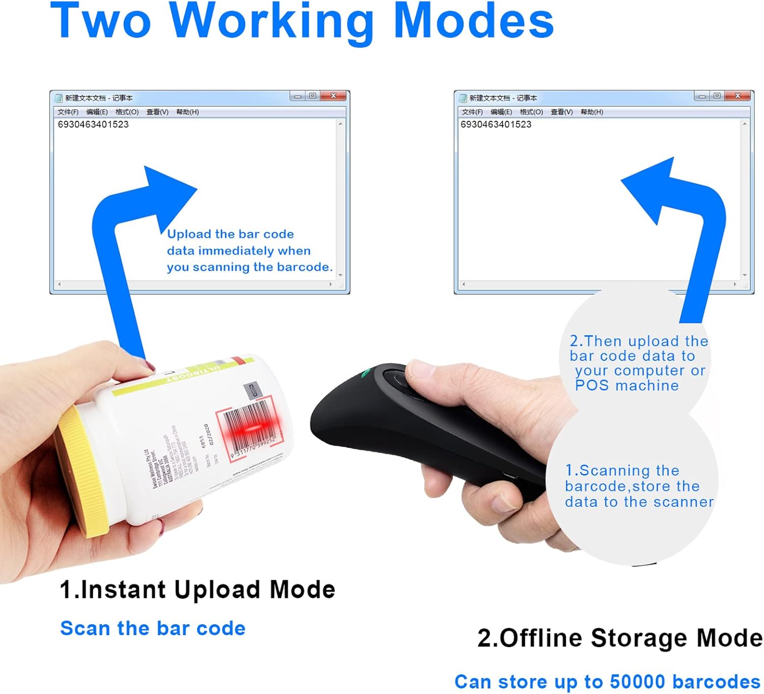 Bluetooth Wireless 2D Barcode Scanner, Portable Bluetooth & 2.4G Wireless & Wired Bar Code Scanner for Inventory, Barcode Reader for Windows, Android, iOS, Tablets or Computers Pack of 2