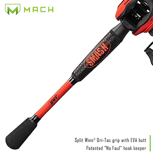 Lew's MACH Smash Baitcast Reel and Fishing Rod Combo, IM6 Graphite Blank Fishing Rod, Split Grip Winn Dri-Tac Handle, Fluorescent Red