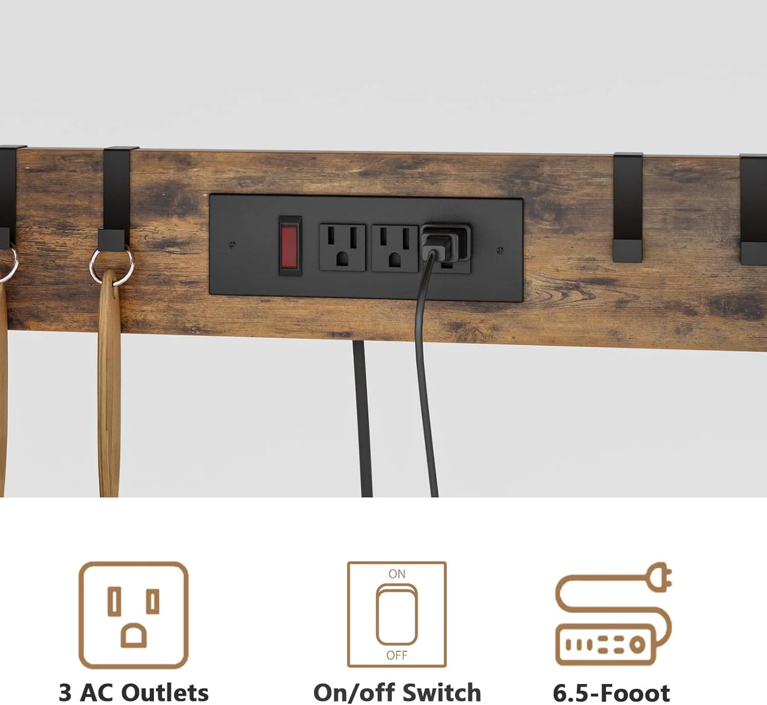 5-Tier Bakers Rack for Kitchens with Power Outlet, 31.5 Inch Microwave Stand, Freestanding Metal Kitchen Rack with Hooks, Coffee Bar Station, Rustic Brown