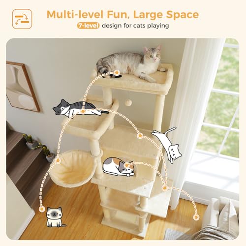 PAWZ Road Large Cat Tree, 73 Inches Tall Wooden Cat Tower with 2 Spacious Hammocks,2 Big Top Beds,8 Fully Scratching Posts and Natural Wood Posts, Multi Cat Tree for Indoor Cats Large Adult-XL