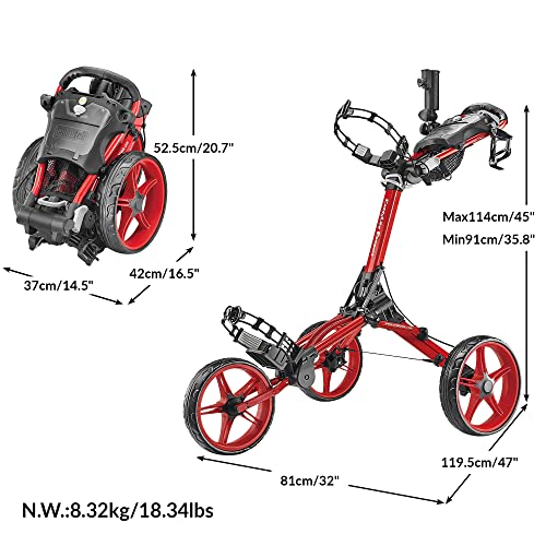 Caddytek Caddylite Compact 3 Wheel Golf Push Cart, One Click Folding Design, Smallest Folded Footprint, 32" Wide Wheelbase with Convenient Handbrake