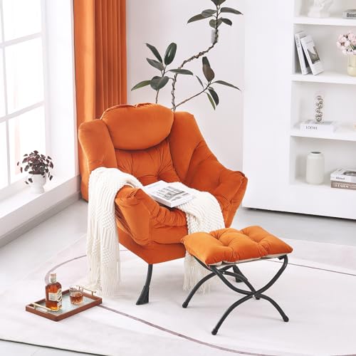 Lazy Chair with Ottoman, Modern Accent Chair Contemporary Lounge Leisure Sofa Chair with Armrests, Reading Chair and Folding Footstool Set for Living Room, Bedroom, Office, White Grey