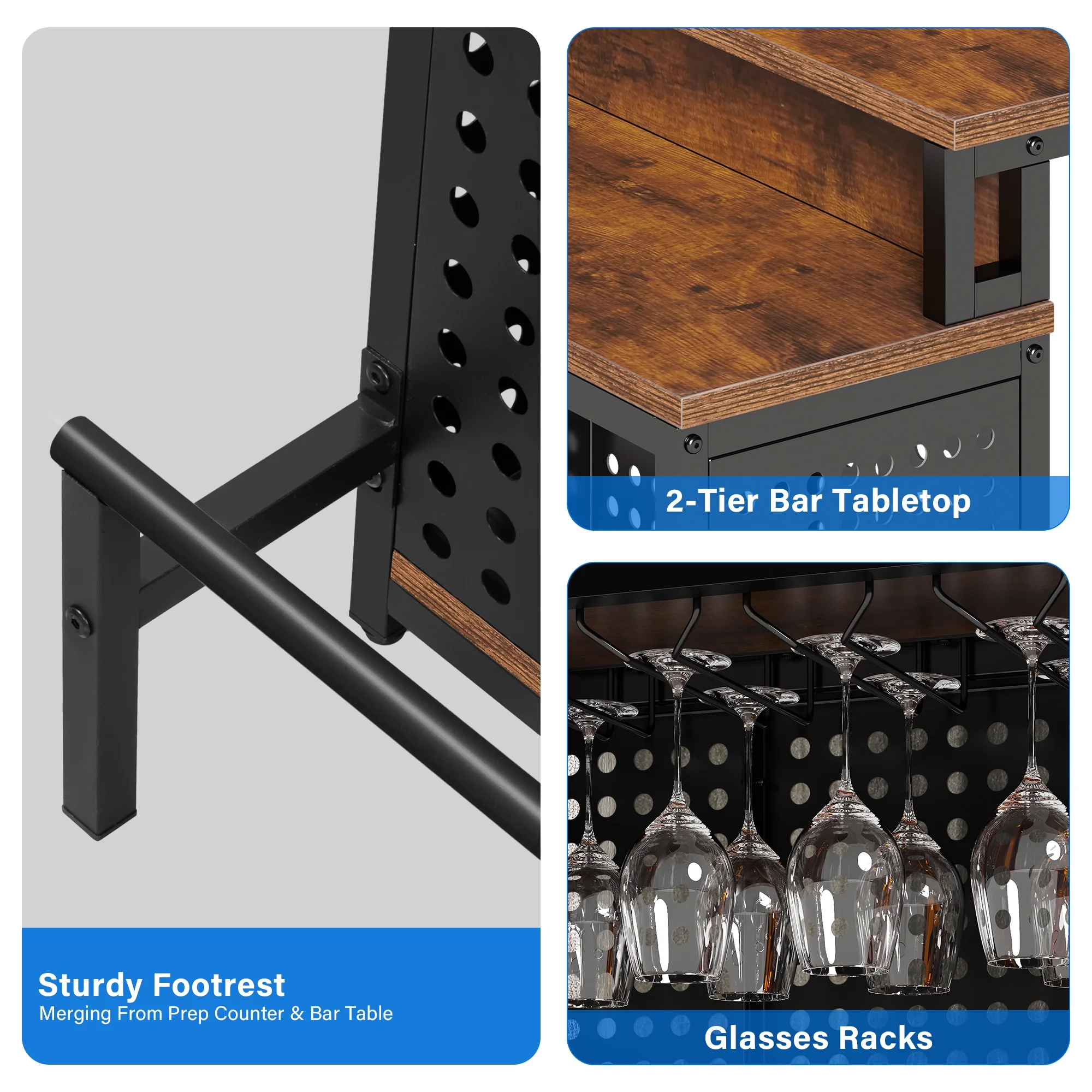 Dextrus 4 Tier Home Bar Unit, 43" Liquor Bar Table with Adjustable RGB LED Color Lights, Mini Bar Cabinet with Stemware Rack and Footrest for Home Pub, Party, Rustic Brown