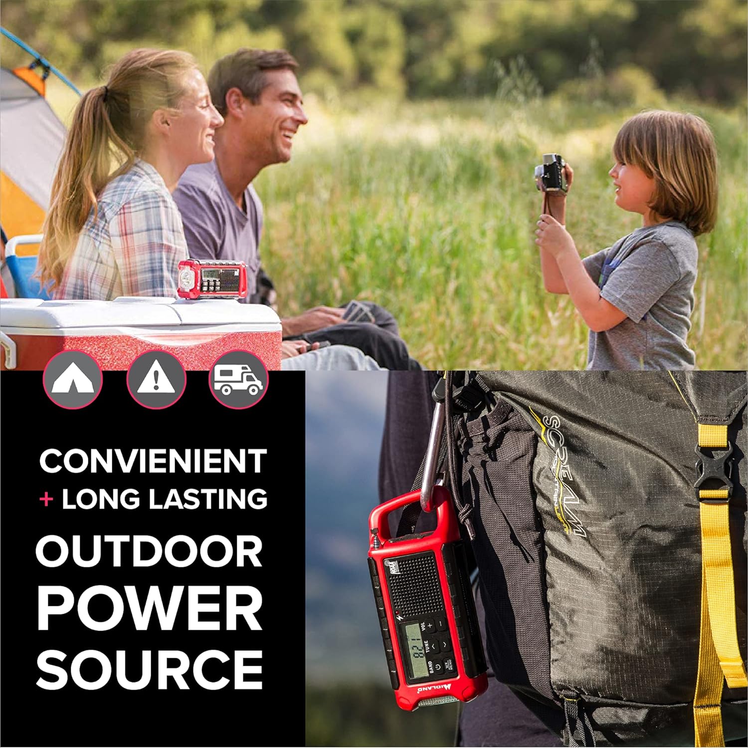 Midland - ER310, Emergency Crank Weather AM/FM Radio - Multiple Power Sources, SOS Emergency Flashlight, Ultrasonic Dog Whistle, & NOAA Weather Scan + Alert (Red/Black)