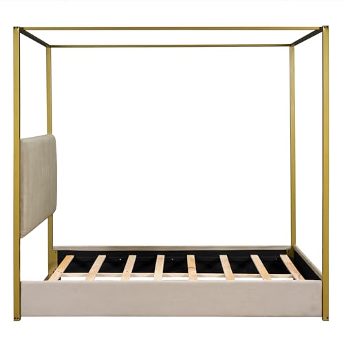 SOFTSEA Upholstery Canopy Platform Bed with Headboard and Metal Frame, Queen Size 4-Poster Canopy Floor Bed Frame for Kids Teens Bedroom, No Box Spring Needed, Beige
