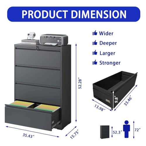 4 Drawer Metal Lateral File Cabinet with Lock Office Home Steel Vertical File Cabinet for A4 Legal/Letter Size Black