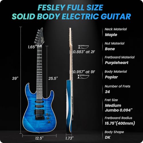 39" Solid Body Electric Guitar: Electric Guitar Kit with Bone Nut, Full Size 6 String Guitars with 24 Frets, Poplar Body AAA Flame Maple Top, Guitarra Electrica with HSS Ceramic Pickup,Black