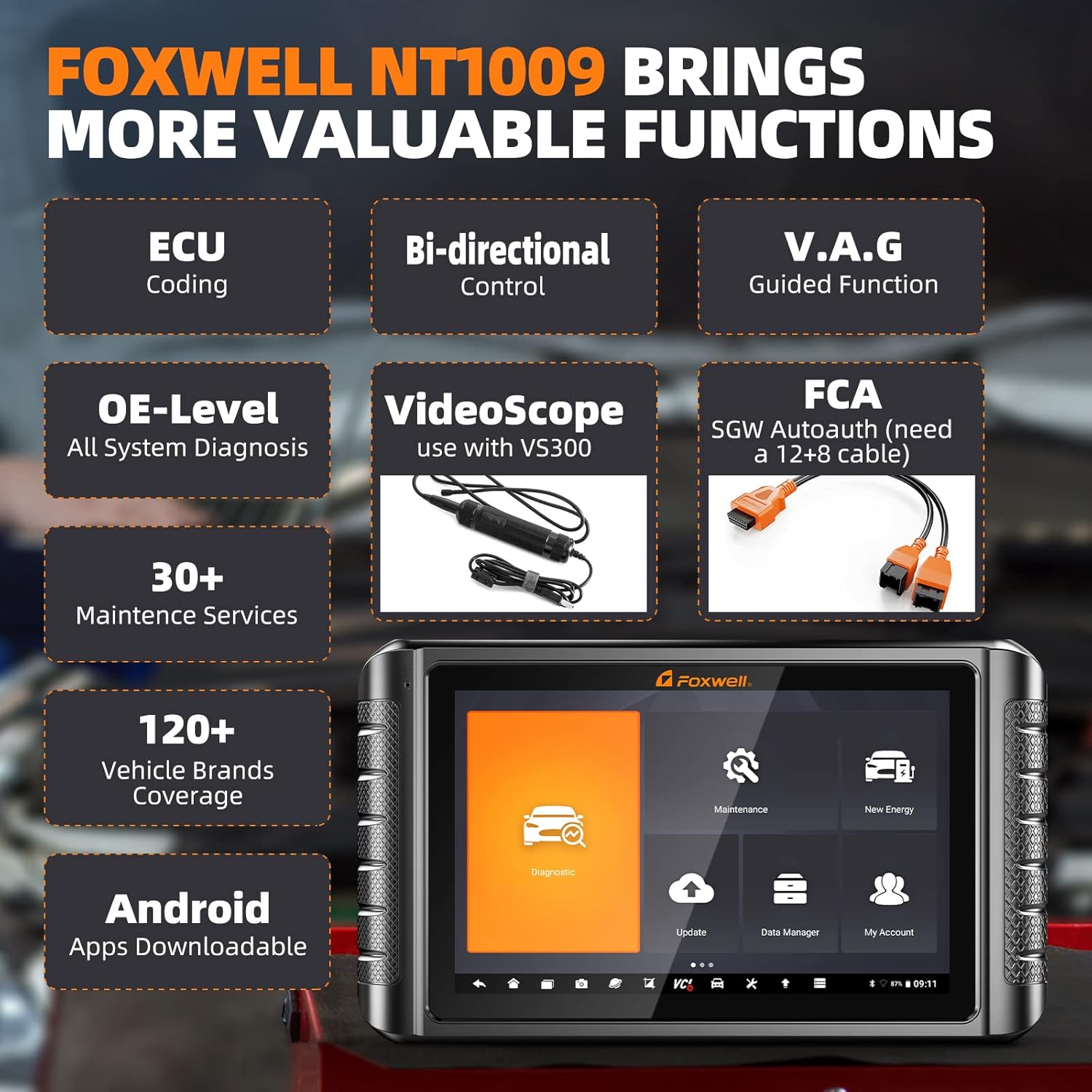 FOXWELL NT1009 Bluetooth Bi-Directional Scan Tool, ECU Coding, 30+ Reset, All System Diagnostic Tool, 3-Years Free Update, Fit for FCA Cars, CAN FD, 10.1 inch Car Scanner, OBD2 Scanner for All Cars