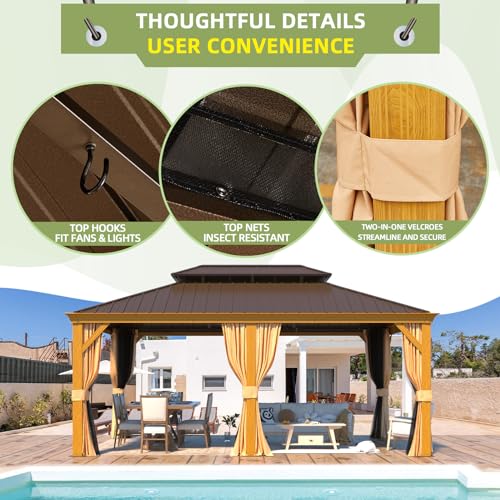 EROMMY 14'x20' Hardtop Gazebo Double Roof Galvanized Steel Canopy Outdoor Aluminum Frame Permanent Metal Pavilion with Netting and Curtains for Patio Backyard Deck and Lawns