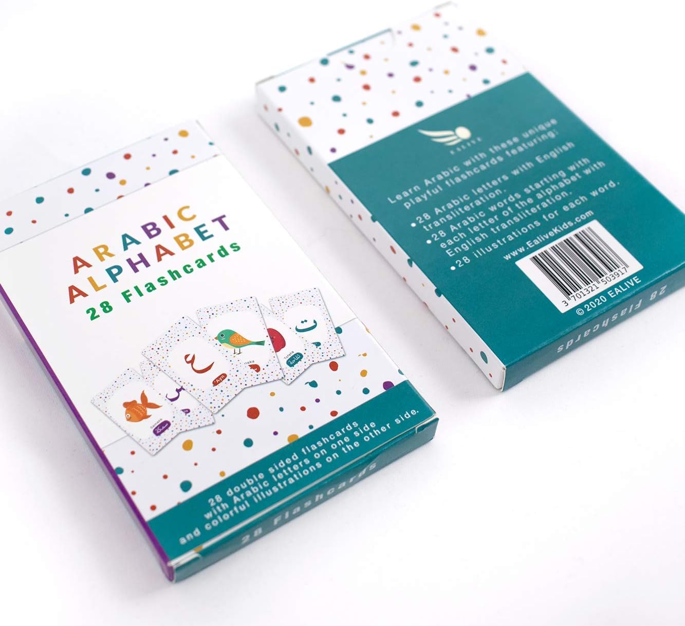 EALIVE Arabic Flash Cards - Arabic Alphabet for Kids with English Transliteration - Unique Playful Flashcards for Learning Arabic Pack of 2