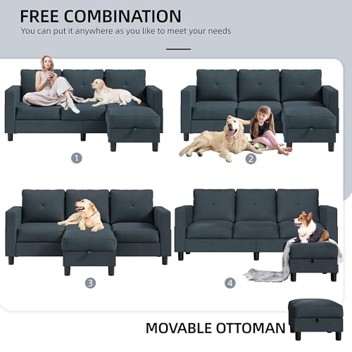 Shintenchi Upholstered Convertible Sectional Sofa for Living Room, 3 Seat L Shaped Couches with Storage Function Ottoman, Modern Linen Convertible Sofas with Reversible Chaise
