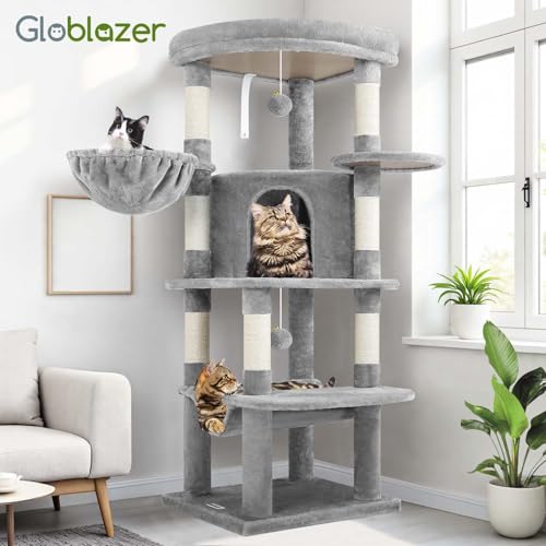 Globlazer Corner Cat Tree for Large Cats, 66inch Tall Curved Series Large Cat Tower for Multiple Indoor Cats with 6 Scratching Posts, 2 Spacious Cat Condos, Hammock, Hanging Basket, C66, Beige