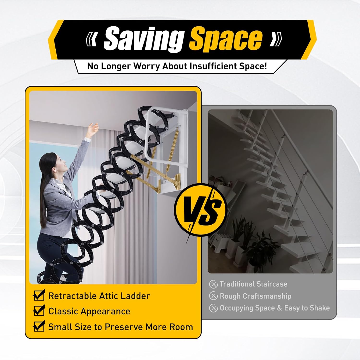 Wall Mounted Folding Ladder, 9.5ft 12steps Attic Loft Ladder Stair Attic Pull down Stair for Cottage Basement Retractable Attic Ladder with Armrests, 882 lbs Load-bearing(Black+White)