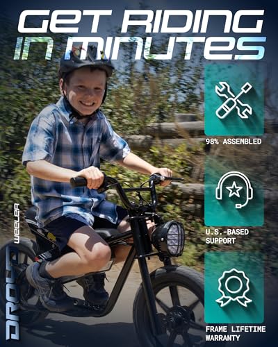 Droyd Weeler Electric Mini Bike for Kids, 200W Motor w 2 Speed Settings (10 Mph & 6 Mph), 24V 8Ah Battery for 8 Miles Range, Rear Disc Brake, and 15" Tires, Safe & Fun E Bike for Ages 6+