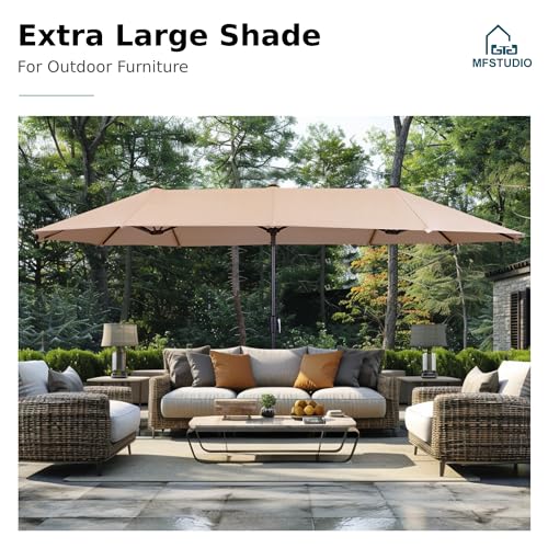 MFSTUDIO 8 Piece Patio Dining Set with Umbrella, All Weather Outdoor Furniture Set with 6 Grey Sling Swivel Chairs, 1 Rectangular Metal Table and 1×13 FT Beige Outdoor Umbrella(Base Not Included)