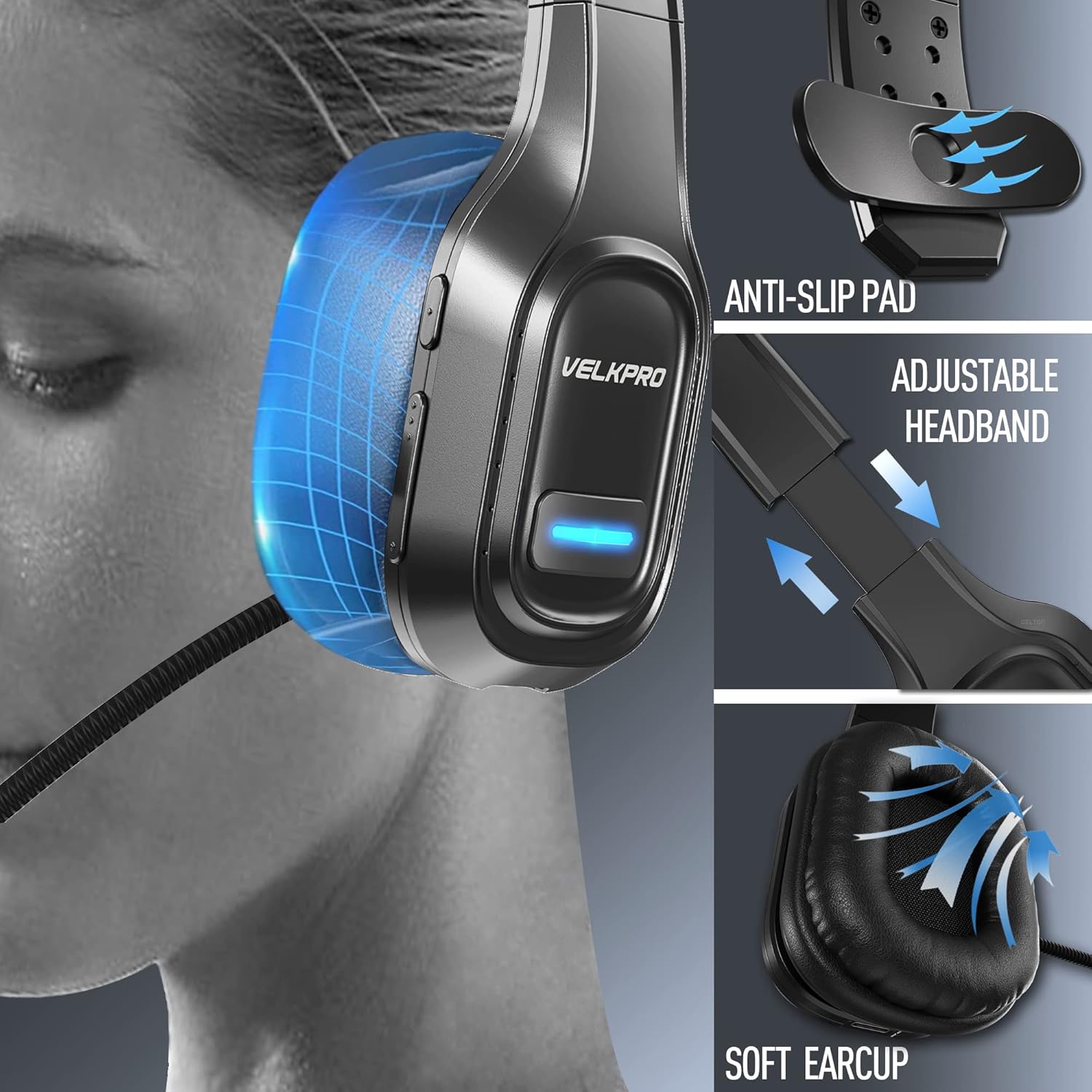 VELKPRO Wireless Headset with Microphone - Comfortable Single-Ear Headphone with Adjustable Headband, Noise Isolation Mic - Communication Accessories for Truck Drivers, Home Office, Call Center Work
