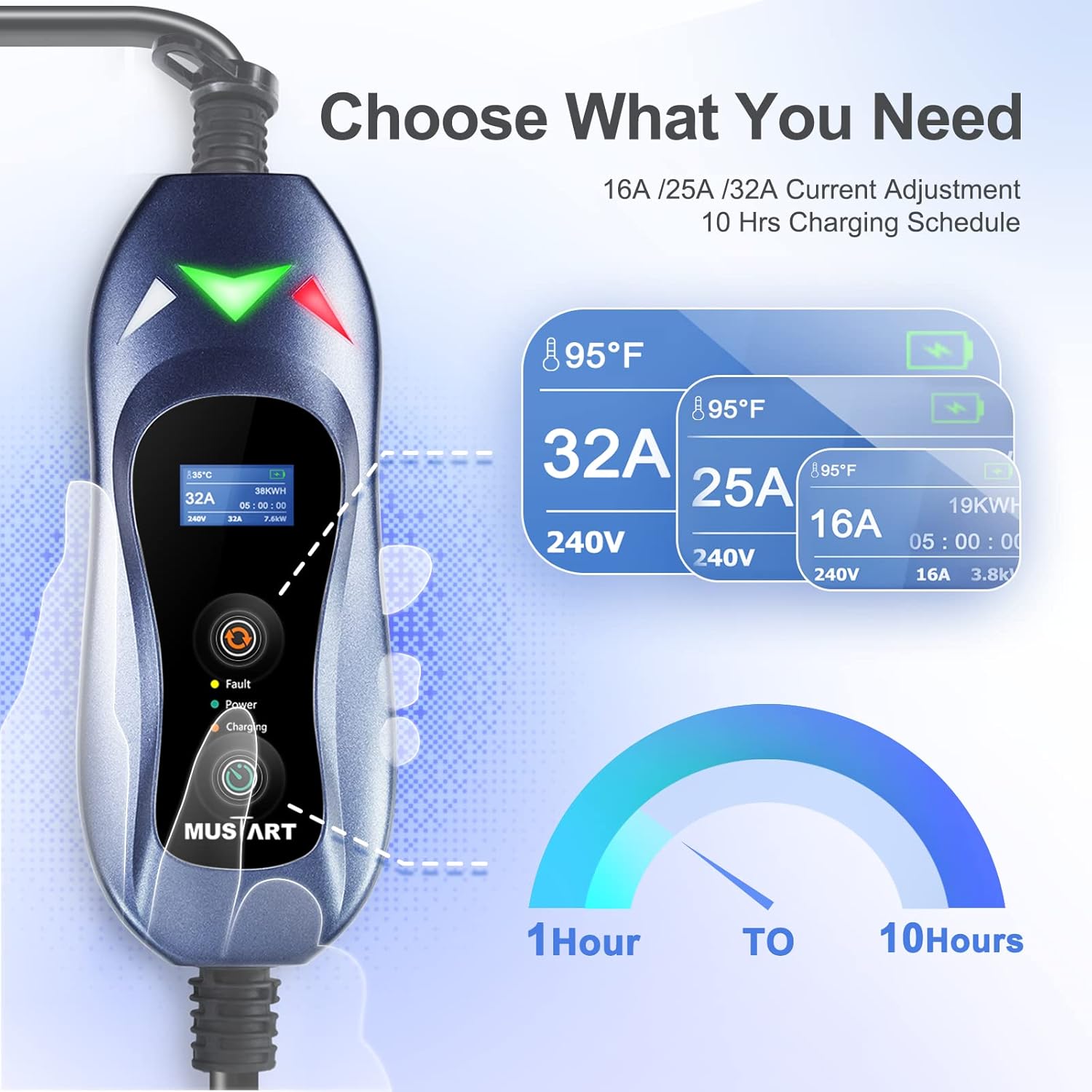 MUSTART Level 2 Portable EV Charger (240 Volt, 25ft Cable, 16/25/32 Amp Adjustable) Electric Vehicle Charger Plug-in EV Charging Station with Delay Function (NEMA 6-50P)