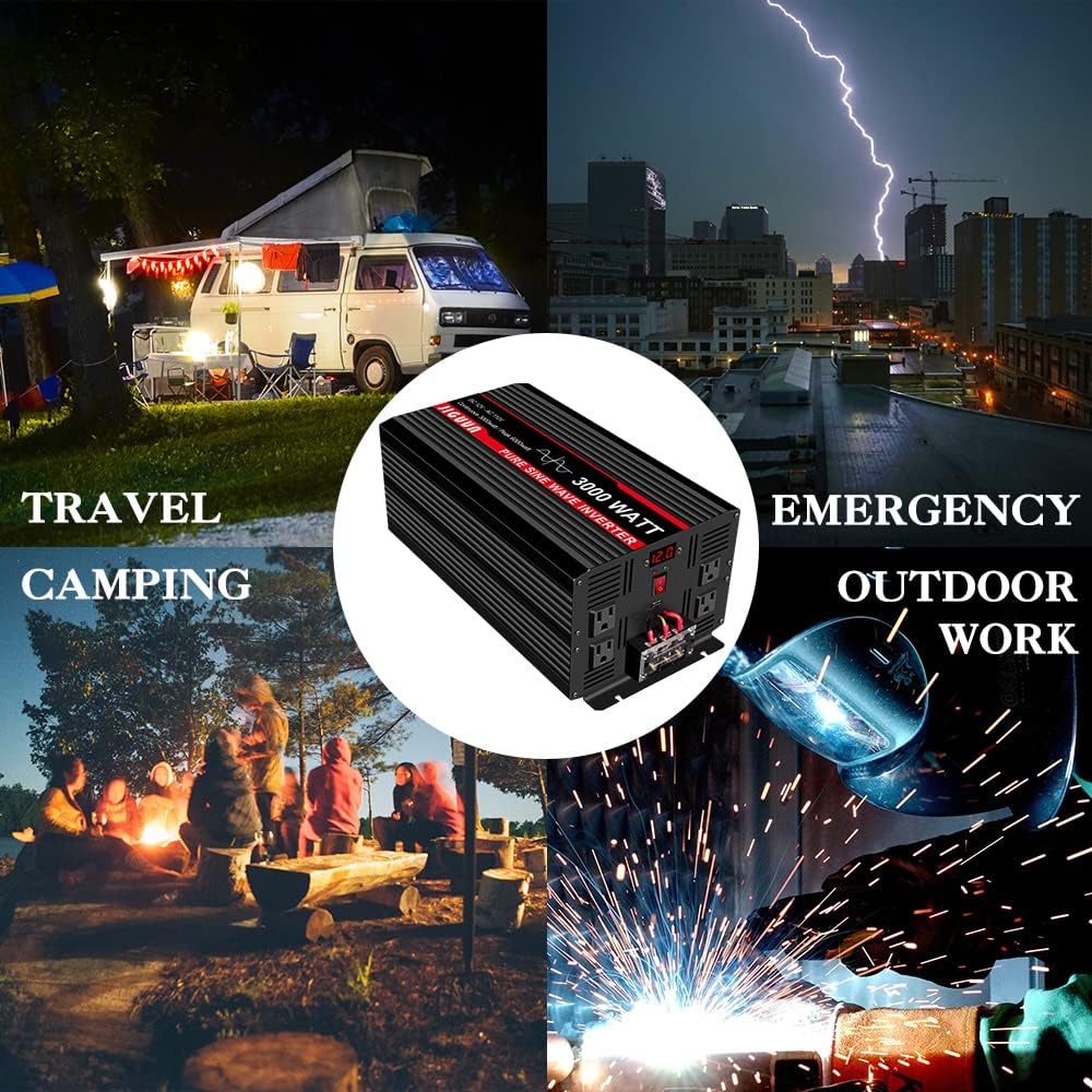 JIGUUN 3000 Watt/6000 Watt Pure Sine Wave Inverter, Power Converter 12V DC to 110v/120v AC, Car Inverter with 4 AC Outlets&USB Port 170ft Wireless Remote Control for RV Camping Truck(3000W-12V)