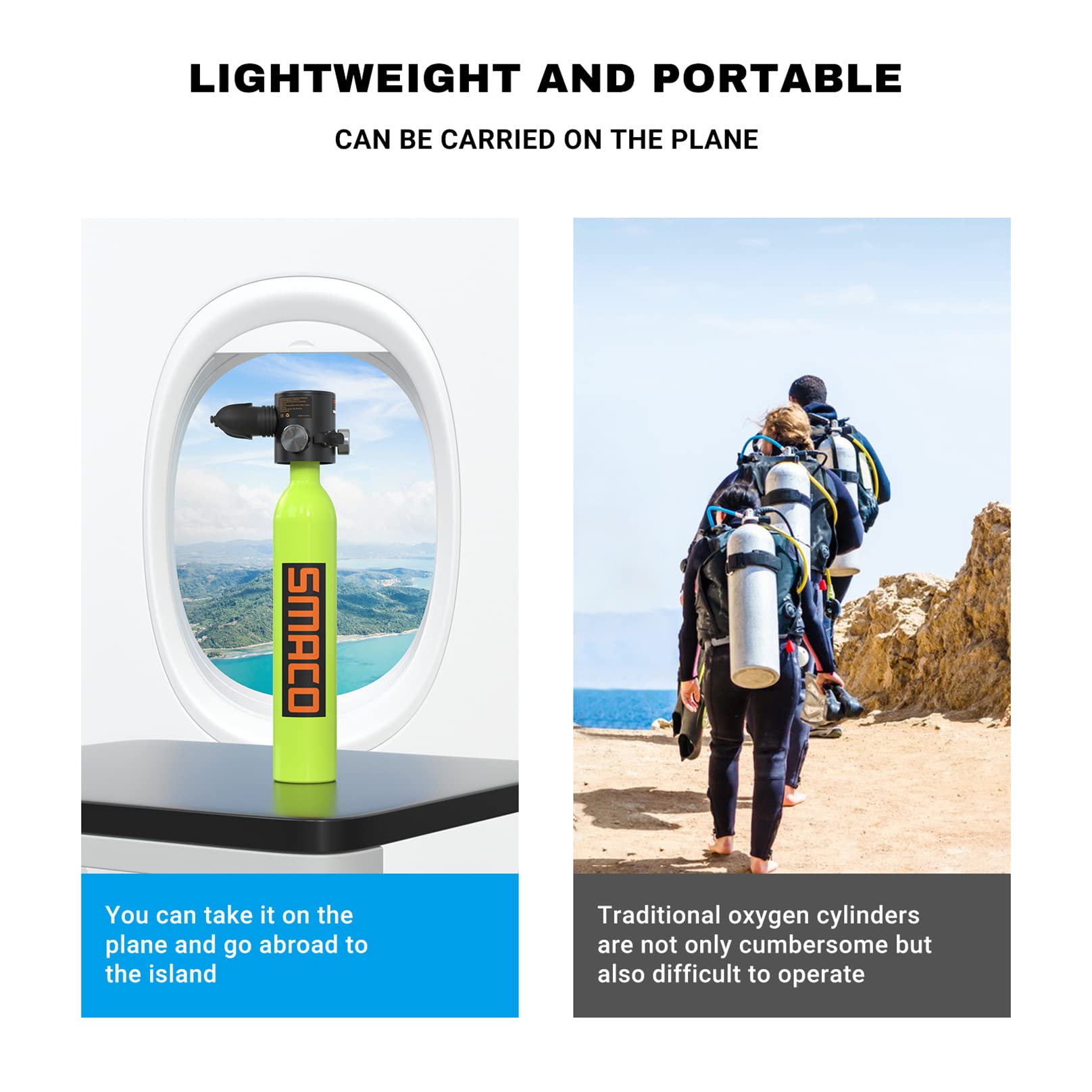 SMACO S300 Plus Mini Scuba Tank 0.5L Portable Mini Diving Tank Reusable Pony Bottle with Adapter-Green